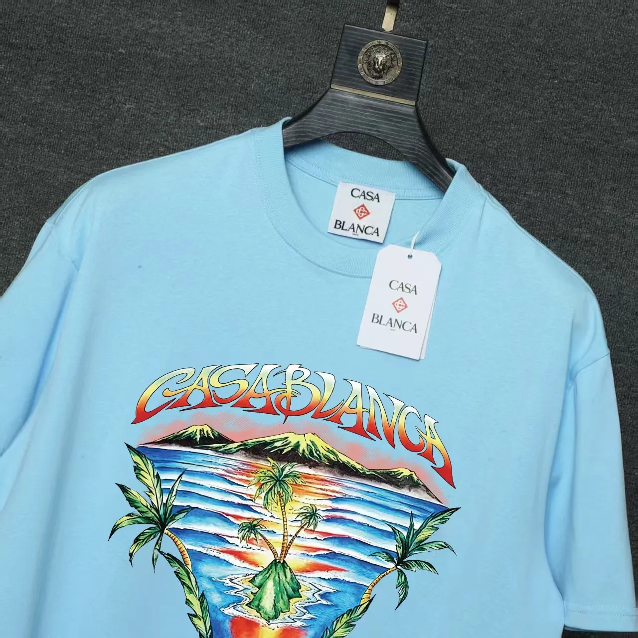 26ss CASABLANCA original printing process short-sleeved T-shirt original development using high-density double yarn pure cotton fabric upper body soft and comfortable color Black White Dark Green color Orange Pink Blue Royal Blue color cigarette powder 8 colors Sizes S M L XL